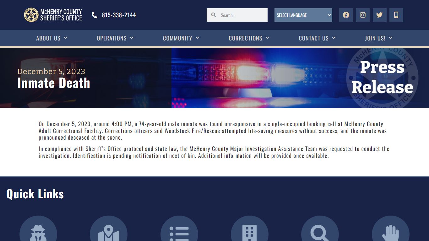 Inmate Death - McHenry County Sheriff's Office