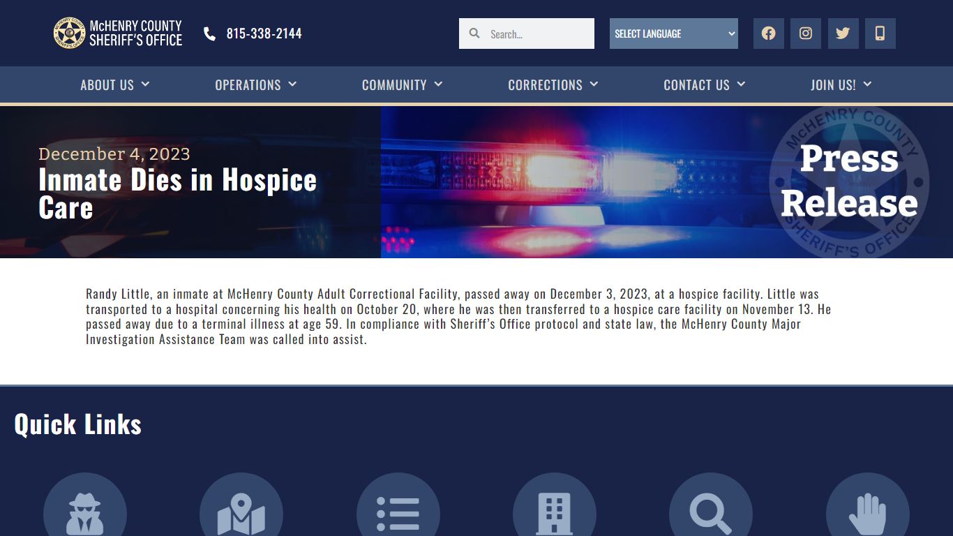 Inmate Dies in Hospice Care - McHenry County Sheriff's Office